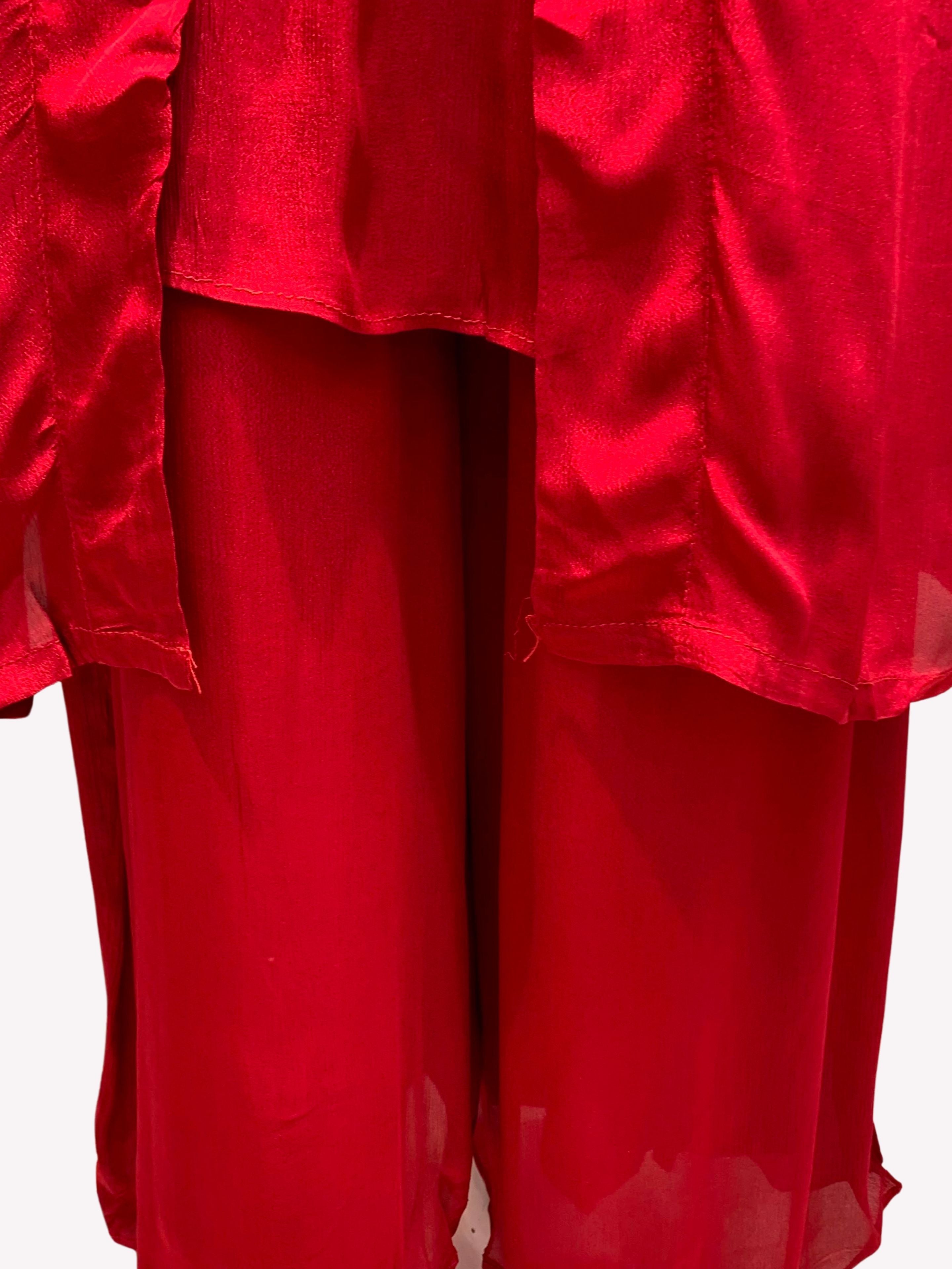 Red Chinon Shirt, Palazzo, Shrug And Dupatta with Cutdana, Sequins, Pearl and Dabka Embroidery 5